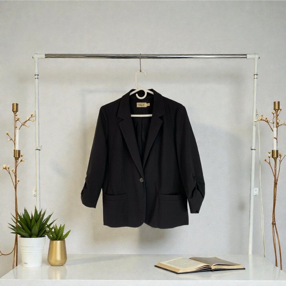 Eliza J Womens Black Blazer Ruched Sleeves Size L